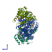 PDB entry 3byz coloured by chain, side view.