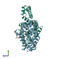 PDB entry 3c07 coloured by chain, side view.