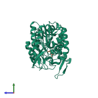 Monomeric assembly 2 of PDB entry 3c39 coloured by chemically distinct molecules, side view.