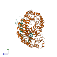 PDB entry 3c6o coloured by chain, side view.