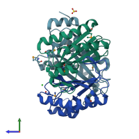 PDB entry 3c6v coloured by chain, side view.