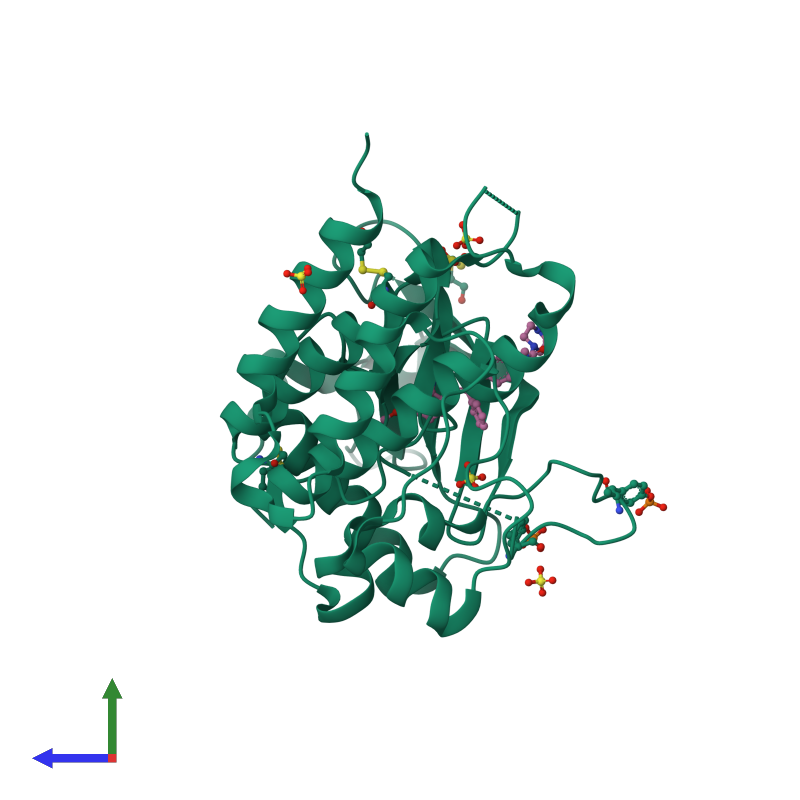 <div class='caption-body'><ul class ='image_legend_ul'> Monomeric assembly 1 of PDB entry 3c7q coloured by chemically distinct molecules and viewed from the side. This assembly contains:<li class ='image_legend_li'>One copy of Vascular endothelial growth factor receptor 2</li><li class ='image_legend_li'>5 copies of SULFATE ION</li><li class ='image_legend_li'>One copy of methyl (3Z)-3-{[(4-{methyl[(4-methylpiperazin-1-yl)acetyl]amino}phenyl)amino](phenyl)methylidene}-2-oxo-2,3-dihydro-1H-indole-6-carboxylate</li></ul></div>