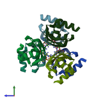 PDB entry 3cag coloured by chain, side view.