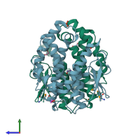 PDB entry 3cbu coloured by chain, side view.