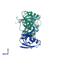 PDB entry 3cc0 coloured by chain, side view.