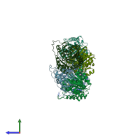 PDB entry 3cev coloured by chain, side view.