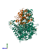 PDB entry 3cf4 coloured by chain, side view.