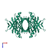 Homo tetrameric assembly 1 of PDB entry 3cfm coloured by chemically distinct molecules, top view.