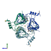 PDB entry 3cj8 coloured by chain, side view.