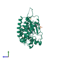 PDB entry 3cjg coloured by chain, side view.