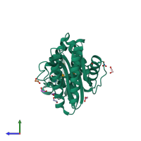 PDB entry 3cjm coloured by chain, side view.