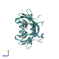 PDB entry 3ck1 coloured by chain, side view.