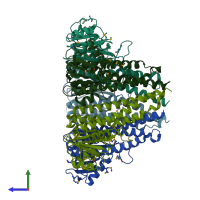 PDB entry 3ck6 coloured by chain, side view.