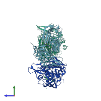 PDB entry 3ckp coloured by chain, side view.