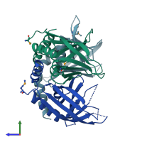 PDB entry 3cm1 coloured by chain, side view.