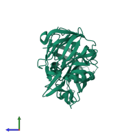 Monomeric assembly 1 of PDB entry 3cms coloured by chemically distinct molecules, side view.