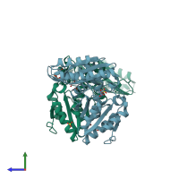 PDB entry 3cov coloured by chain, side view.