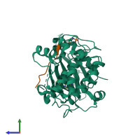 PDB entry 3cqu coloured by chain, side view.