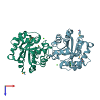 PDB entry 3cu2 coloured by chain, top view.