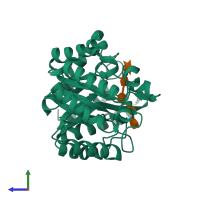 PDB entry 3cuj coloured by chain, side view.