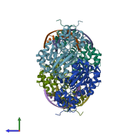 PDB entry 3cwa coloured by chain, side view.