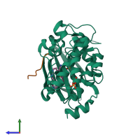 PDB entry 3cy3 coloured by chain, side view.