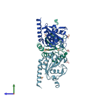 PDB entry 3cyn coloured by chain, side view.