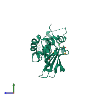 PDB entry 3d00 coloured by chain, side view.