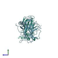 PDB entry 3d07 coloured by chain, side view.