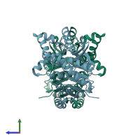 PDB entry 3d0o coloured by chain, side view.