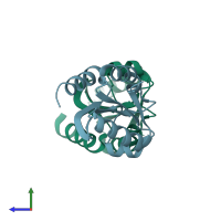 PDB entry 3d21 coloured by chain, side view.