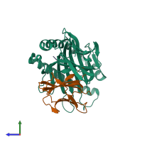 PDB entry 3d25 coloured by chain, side view.