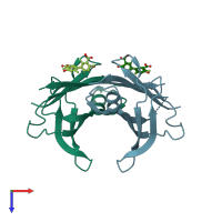 PDB entry 3d2t coloured by chain, top view.