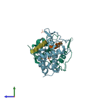 PDB entry 3d3d coloured by chain, side view.