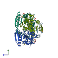 PDB entry 3d3s coloured by chain, side view.