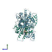 PDB entry 3d45 coloured by chain, side view.