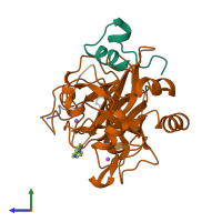 PDB entry 3d49 coloured by chain, side view.