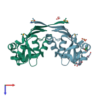 PDB entry 3d5p coloured by chain, top view.