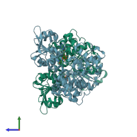 PDB entry 3d64 coloured by chain, side view.