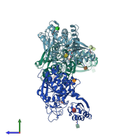 PDB entry 3d67 coloured by chain, side view.