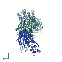 PDB entry 3d68 coloured by chain, side view.