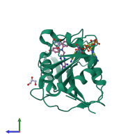 PDB entry 3d80 coloured by chain, side view.