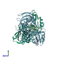 PDB entry 3d91 coloured by chain, side view.