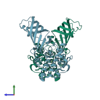 PDB entry 3da3 coloured by chain, side view.