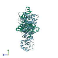 PDB entry 3dad coloured by chain, side view.