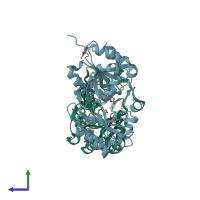 PDB entry 3dao coloured by chain, side view.