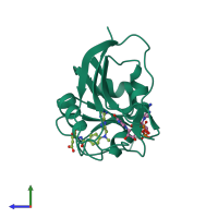PDB entry 3dat coloured by chain, side view.