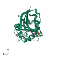 PDB entry 3dau coloured by chain, side view.