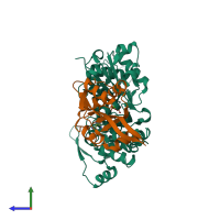 PDB entry 3daw coloured by chain, side view.