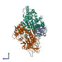 Hetero trimeric assembly 3 of PDB entry 3dbl coloured by chemically distinct molecules, side view.